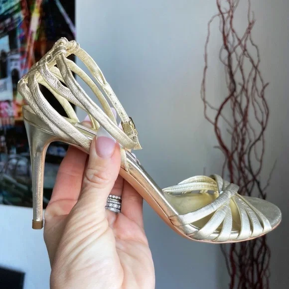 Casadei Gold Leather Strappy Woven Heeled Sandals - Picture 13 of 13